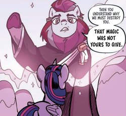 Size: 544x499 | Tagged: source needed, safe, artist:pencils, edit, idw, danu, twilight sparkle, alicorn, leucrocuta, pony, g4, season 10, butt, comic, female, force field, mare, plot, that magic was not yours to give
