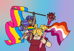 Size: 6754x4635 | Tagged: safe, artist:queenderpyturtle, oc, oc:rotgut, oc:scrapjack, human, absurd resolution, clothes, dark skin, dress, female, flag, humanized, lesbian pride flag, mace, pansexual pride flag, pride, pride flag, size difference, weapon