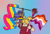 Size: 6754x4635 | Tagged: safe, artist:queenderpyturtle, oc, oc:rotgut, oc:scrapjack, human, absurd resolution, clothes, dark skin, dress, female, flag, humanized, lesbian pride flag, mace, pansexual pride flag, pride, pride flag, size difference, weapon