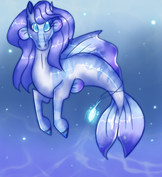 Size: 690x757 | Tagged: safe, artist:jahpan, oc, oc only, merpony, seahorse, seapony (g4), blue eyes, blue mane, bubble, crepuscular rays, dorsal fin, female, fins, fish tail, flowing tail, glowing, looking at you, ocean, solo, sunlight, swimming, tail, underwater, water