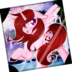 Size: 2449x2449 | Tagged: safe, artist:herusann, oc, oc only, alicorn, pony, :p, alicorn oc, eye clipping through hair, female, high res, horn, mare, raised hoof, simple background, tongue out, transparent background, wings