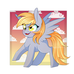 Size: 2000x2000 | Tagged: safe, artist:herusann, derpy hooves, pegasus, pony, g4, blushing, cloud, eye clipping through hair, female, flying, high res, mare, open mouth, open smile, simple background, smiling, solo, spread wings, tail, transparent background, wings, yellow eyes