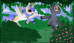 Size: 3209x1868 | Tagged: safe, artist:herusann, oc, oc only, alicorn, pegasus, pony, bipedal, black sclera, blushing, colored hooves, duo, female, halo, male, mare, outdoors, pegasus oc, smiling, wings