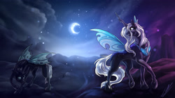 Size: 3840x2160 | Tagged: safe, artist:lupiarts, oc, oc only, oc:whisper, changeling, changeling queen, fallout equestria, fanfic:fallout equestria: the chrysalis, artwork, beautiful, changeling queen oc, digital art, fanfic art, female, high res, illustration, moon, night, scenery, solo, transformation