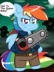 Size: 768x1024 | Tagged: safe, artist:tranzmuteproductions, rainbow dash, pegasus, pony, undead, zombie, zombie pony, g4, bipedal, chainsaw, clothes, evil dead, eyelashes, female, mare, pants, smiling, smirk, talking, wings