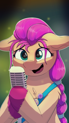 Size: 2160x3840 | Tagged: safe, artist:ljdamz1119, sunny starscout, earth pony, pony, g5, my little pony: a new generation, 4k, badge, bipedal, chest fluff, female, high res, mare, microphone, solo