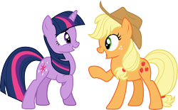 Size: 4849x3000 | Tagged: safe, artist:cloudy glow, applejack, twilight sparkle, earth pony, pony, unicorn, g4, the crystal empire, .ai available, applejack's hat, cowboy hat, duo, female, freckles, hat, high res, looking at each other, mare, nose wrinkle, open mouth, raised hoof, simple background, smiling, transparent background, unicorn twilight, vector