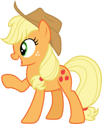 Size: 3000x3641 | Tagged: safe, artist:cloudy glow, applejack, earth pony, pony, g4, the crystal empire, .ai available, applejack's hat, cowboy hat, female, freckles, hat, high res, mare, nose wrinkle, open mouth, raised hoof, simple background, smiling, solo, transparent background, vector