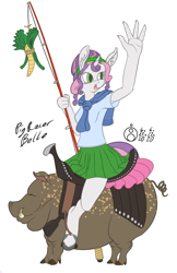 Size: 776x1200 | Tagged: safe, artist:sepiakeys, sweetie belle, pig, unicorn, anthro, unguligrade anthro, g4, carrot, carrot on a stick, clothes, food, four fingers, saddle, shirt, simple background, skirt, solo, tack, white background