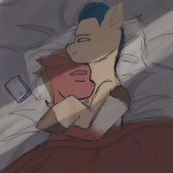 Size: 1280x1280 | Tagged: safe, artist:yo_shkinkot, hitch trailblazer, sprout cloverleaf, earth pony, pony, g5, my little pony: a new generation, bed, blanket, cellphone, gay, hitchsprout, hug, male, phone, pillow, shipping, sleeping, snuggling, stallion, stallion on stallion