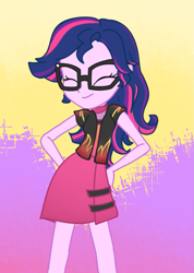 Size: 749x1050 | Tagged: safe, artist:nehvix, sci-twi, twilight sparkle, cheer you on, equestria girls, g4, my little pony equestria girls: better together, abstract background, alternate hairstyle, clothes swap, eyes closed, female, glasses, solo
