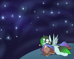 Size: 2500x2000 | Tagged: safe, artist:rice, oc, oc only, oc:gryph xander, oc:midnight winds, pegasus, pony, unicorn, couple, female, goggles, high res, love, male, middergryph, night, oc x oc, shipping, snuggling, stars, straight
