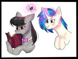 Size: 1280x963 | Tagged: safe, artist:valkiria, dj pon-3, octavia melody, vinyl scratch, earth pony, pony, spider, unicorn, g4, behind you, blushing, book, bowtie, cheek fluff, chest fluff, duo, ear fluff, eyebrows, eyebrows visible through hair, female, floppy ears, glowing, glowing horn, horn, levitation, magic, mare, prank, reading, simple background, smiling, smirk, telekinesis, this will not end well, white background