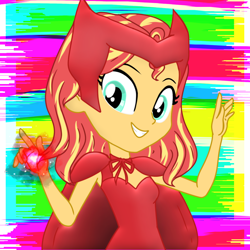 Size: 1050x1050 | Tagged: safe, artist:nehvix, sunset shimmer, equestria girls, g4, abstract background, clothes, cosplay, costume, female, looking at you, magic, raised hand, scarlet witch, solo