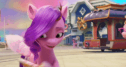 Size: 401x215 | Tagged: safe, screencap, phyllis cloverleaf, pipp petals, earth pony, pegasus, pony, g5, my little pony: a new generation, spoiler:my little pony: a new generation, adorapipp, animated, cartoon physics, cute, female, flapping, flapping wings, gif, hammerspace, hammerspace wings, mare, pegasus royal guard, phone, royal guard, unnamed character, unnamed pony, wings