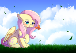 Size: 1000x700 | Tagged: safe, artist:dddreamdraw, fluttershy, butterfly, pegasus, pony, g4, blushing, cloud, cute, female, floppy ears, grass, leaves, looking at something, mare, open mouth, raised hoof, shyabetes, sitting, solo, wings
