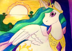 Size: 1280x907 | Tagged: safe, artist:sonorousinclemency, princess celestia, alicorn, pony, g4, female, glowing, glowing horn, horn, solo, sun, traditional art
