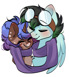 Size: 1000x1100 | Tagged: safe, artist:cottonsweets, oc, oc only, oc:gryph xander, oc:midnight winds, pegasus, pony, unicorn, blushing, cheek squish, clothes, couple, cuddling, cute, eyes closed, female, goggles, male, middergryph, oc x oc, scarf, shipping, simple background, squishy cheeks, transparent background