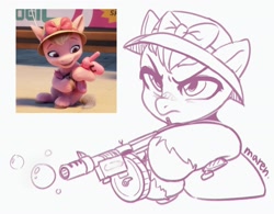 Size: 2110x1648 | Tagged: safe, artist:maren, screencap, peppy primrose, earth pony, pony, g5, my little pony: a new generation, spoiler:my little pony: a new generation, balloon, balloon animal, bubble, cute, doodle, fake gun, female, filly, hat, screencap reference, solo
