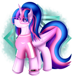 Size: 1274x1300 | Tagged: safe, artist:thebenalpha, oc, oc only, oc:hsu amity, alicorn, pony, alicorn oc, clothes, commission, female, glasses, horn, partial background, plushie, simple background, solo, transparent background, wings