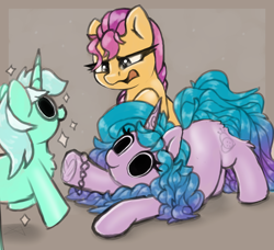 Size: 1916x1744 | Tagged: safe, artist:llametsul, izzy moonbow, lyra heartstrings, sunny starscout, earth pony, pony, unicorn, g4, g5, my little pony: a new generation, confused, curious, cutie mark, dilated pupils, female, floating, fluffy, g4 to g5, mare, mlp fim's eleventh anniversary, sparkles, trio, trio female