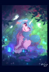Size: 2096x3032 | Tagged: safe, artist:siliciaart, izzy moonbow, butterfly, pony, unicorn, g5, my little pony: a new generation, eye clipping through hair, eyebrows, eyebrows visible through hair, female, forest, high res, magic, mare, open mouth, open smile, scenery, sitting, smiling, solo