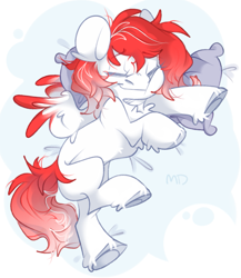 Size: 1237x1428 | Tagged: safe, artist:mardebi, oc, oc only, oc:making amends, pegasus, pony, chest fluff, colored wings, commission, eyes closed, female, pegasus oc, pillow, sleeping, solo, two toned wings, wings, ych result