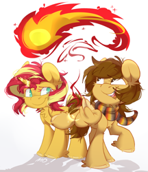 Size: 1564x1809 | Tagged: safe, artist:mardebi, sunset shimmer, oc, pegasus, pony, unicorn, g4, chest fluff, clothes, commission, commissioner:smolbrownpone, duo, female, fiery shimmer, fire, mare, open mouth, pyromancy, scarf, simple background, smiling, white background