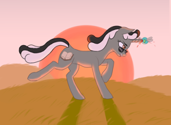 Size: 1500x1100 | Tagged: safe, artist:rosik, oc, oc:badluck dice, parasprite, pony, unicorn, blood, cyoa, dawn, female, grin, hooves, horn, mare, open mouth, prpg, running, smiling, solo, sunglasses, sunset