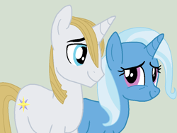 Size: 800x600 | Tagged: safe, artist:brightstar40k, prince blueblood, trixie, pony, unicorn, g4, blue eyes, duo, eyebrows, female, horn, looking at each other, male, mare, purple eyes, ship:bluetrix, shipping, simple background, smiling, stallion, straight, tail, two toned mane