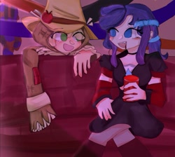 Size: 681x609 | Tagged: safe, artist:axitaint, applejack, rarity, human, g4, alternate hairstyle, blood, blushing, boots, choker, clothes, costume, couch, cup, dress, drink, fangs, female, freckles, halloween, halloween costume, hat, hay, holiday, humanized, lesbian, looking at each other, nightmare night, nightmare night costume, open mouth, red cup, scarecrow, ship:rarijack, shipping, shoes, straw, talking, vampire costume