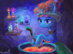 Size: 1023x756 | Tagged: safe, artist:laurasrxfgcc, meadowbrook, earth pony, pony, g4, candle, cauldron, female, hoof hold, mare, smiling, solo