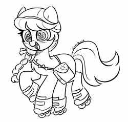 Size: 3543x3380 | Tagged: safe, artist:kittyrosie, sunny starscout, earth pony, pony, g5, my little pony: a new generation, bag, black and white, cute, female, grayscale, helmet, high res, lineart, monochrome, roller skates, simple background, solo, sunnybetes, white background