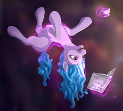 Size: 1536x1382 | Tagged: safe, artist:rnghat, izzy moonbow, pony, unicorn, g5, my little pony: a new generation, book, cup, female, glowing, glowing horn, horn, implied starlight glimmer, levitation, magic, magic aura, mare, open mouth, open smile, self-levitation, smiling, solo, teacup, telekinesis, upside down