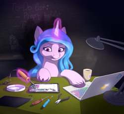 Size: 3072x2826 | Tagged: safe, artist:rnghat, izzy moonbow, pony, unicorn, g5, my little pony: a new generation, chalkboard, computer, cup, desk lamp, high res, implied pipp petals, lamp, laptop computer, magic, mug, pliers, repairing, screwdriver, screws, soldering iron, technology, telekinesis