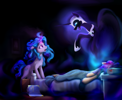 Size: 4378x3588 | Tagged: safe, artist:rnghat, izzy moonbow, nightmare moon, sunny starscout, alicorn, earth pony, pony, unicorn, g4, g5, my little pony: a new generation, alarm clock, bed, book, clock, digital clock, featured image, female, g4 to g5, glowing, glowing horn, hilarious in hindsight, horn, insomnia, magic, mare, nightmare night, sleeping