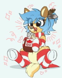 Size: 779x985 | Tagged: safe, artist:stablegrass, oc, oc:chime maplewood, deer, deer pony, original species, blue hair, canada, canadian, clothes, deer oc, feather, female, maple syrup, socks, striped socks