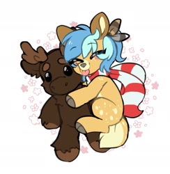 Size: 1482x1521 | Tagged: safe, artist:stablegrass, oc, oc:chime maplewood, deer, deer pony, original species, blue hair, clothes, cute, deer oc, feather, female, ocbetes, plushie, scarf, striped scarf