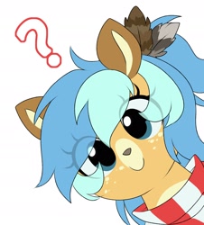 Size: 1740x1922 | Tagged: safe, artist:stablegrass, oc, oc:chime maplewood, deer, deer pony, original species, blue hair, clothes, deer oc, feather, female, looking at you, question mark, scarf, smiling, smiling at you, striped scarf
