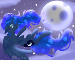 Size: 1024x820 | Tagged: safe, artist:kanimay, princess luna, alicorn, pony, g4, falling, female, floppy ears, mare, moon, night, night sky, sky, solo, spread wings, wings