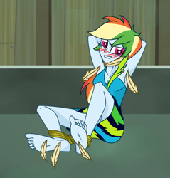 Size: 1394x1458 | Tagged: safe, artist:nie-martw-sie-o-mnie, part of a set, rainbow dash, equestria girls, g4, ankle tied, armpit tickling, armpits, barefoot, blushing, bondage, clothes, feather, feet, female, fetish, foot fetish, rainbow rocks outfit, rope, set:rainbooms in bondage, skirt, soles, solo, tickle torture, tickling, tied up, toes