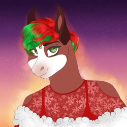 Size: 2000x2000 | Tagged: safe, artist:inisealga, oc, oc only, oc:mocha frost, pegasus, anthro, abstract background, bust, christmas, coat markings, dyed hair, facial markings, female, gradient background, high res, holiday, mare, markings, pegasus oc