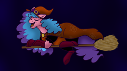 Size: 2560x1440 | Tagged: safe, artist:bella-pink-savage, oc, oc only, earth pony, pony, broom, eyes closed, female, flying, flying broomstick, hat, open mouth, singing, solo, witch costume, witch hat