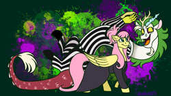 Size: 2560x1440 | Tagged: safe, artist:bella-pink-savage, discord, fluttershy, draconequus, pegasus, pony, g4, beetlejuice, clothes, crossover, duo, female, lydia deetz, male, signature, snaggletooth