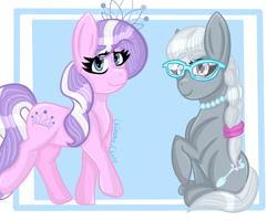 Size: 1280x1024 | Tagged: safe, artist:anastasiaplisetskaya, diamond tiara, silver spoon, earth pony, pony, g4, braided ponytail, duo, female, filly, glasses, jewelry, necklace, ponytober, smiling, tiara