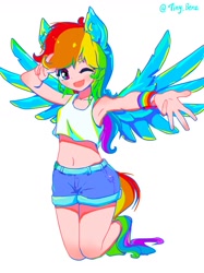 Size: 967x1290 | Tagged: safe, artist:tinybenz, rainbow dash, human, g4, armpits, clothes, cute, dashabetes, denim shorts, eared humanization, female, humanized, one eye closed, open mouth, short shirt, shorts, simple background, solo, sports bra, tail, tailed humanization, white background, winged humanization, wings, wink, wristband