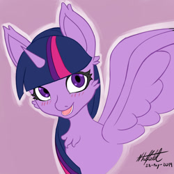 Size: 1400x1400 | Tagged: safe, artist:nlhetfield, twilight sparkle, alicorn, pony, g4, cheek fluff, chest fluff, female, looking at you, open mouth, purple background, signature, simple background, solo, twilight sparkle (alicorn)