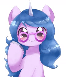Size: 1741x2019 | Tagged: safe, artist:ginmaruxx, izzy moonbow, pony, unicorn, g5, my little pony: a new generation, blushing, chest fluff, cute, female, glasses, heart, izzybetes, looking at you, mare, simple background, smiling, solo, white background