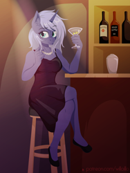 Size: 1200x1600 | Tagged: safe, artist:willoillo, oc, oc only, oc:midnight starfall, unicorn, anthro, alcohol, clothes, cocktail dress, commission, dress, female, martini, solo