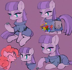 Size: 1024x990 | Tagged: safe, artist:bug-roux, boulder (g4), maud pie, pinkie pie, g4, cute, ear fluff, eyes closed, female, lying down, open mouth, pie sisters, prone, purple background, rock candy necklace, siblings, simple background, sisters, white pupils